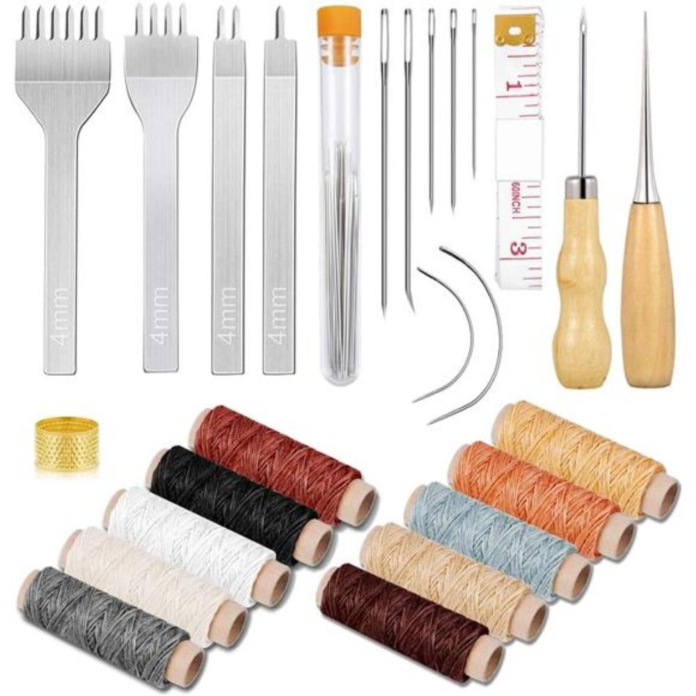 35 Pcs Leather Stitching Pouch Kit with 4mm Prong Sewing Hole Punch, Leather